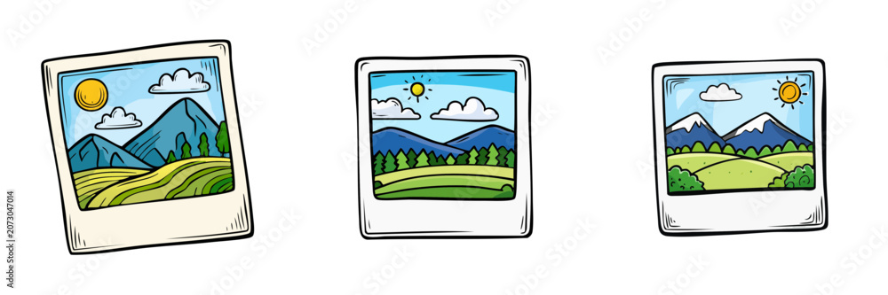 Fototapeta premium Collection of illustrated landscape photos with mountains and sun