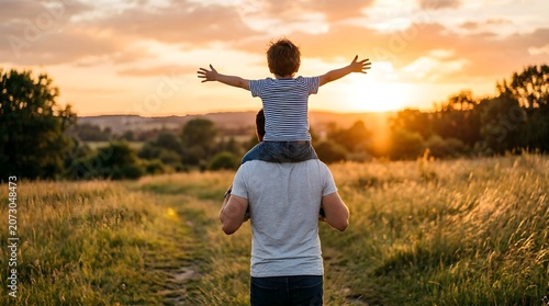 Little boy sitting on his father shoulders with arms wide open enjoying the warm golden light during a summer sunset