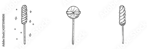 Set of three hand drawn swirling lollipops with festive sparkles