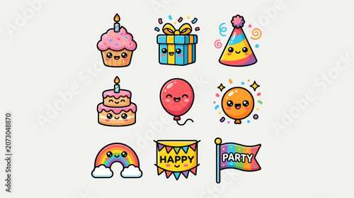 Kawaii celebration icons set