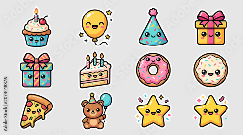 Kawaii celebration icons sweet treats and gifts