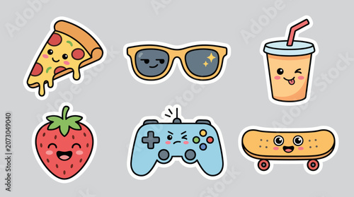 Kawaii food and gaming icon set