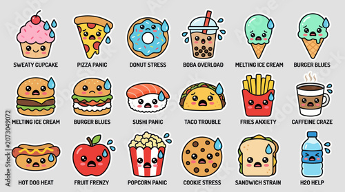 Kawaii food characters expressing stress