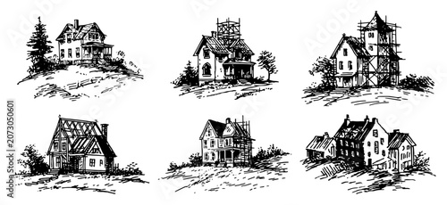 house construction and residential renovation stages in hand drawn vintage sketch style