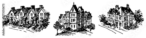 Quadro em tela Historic Victorian mansions and terrace townhouses hand drawn vintage vector ske
