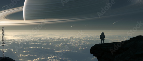 Lone Astronaut Above a Sea of Clouds Beneath a Ringed Gas Giant