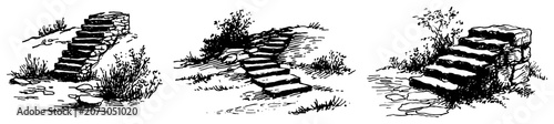 Quadro su tela Stone steps and garden stairs in hillside landscape hand drawn vintage vector sk