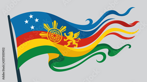 Waving multi colored flag with symbols