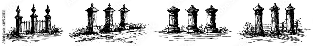 Obraz premium Stone pillars and gate posts set in vintage engraving style