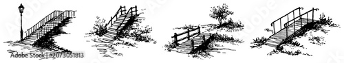 Foto Wooden garden footbridges and outdoor stairways in vintage sketch style