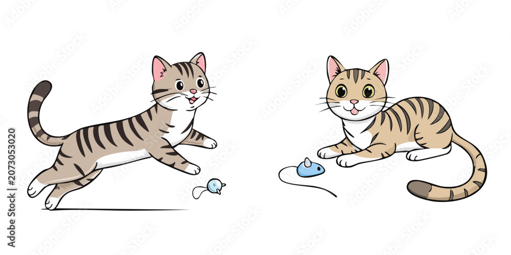 Fototapeta premium Cute cartoon cats playing with toys on a white background illustration