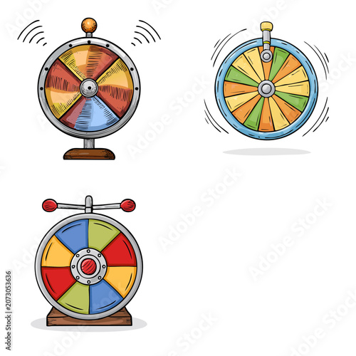 Set of cartoon spinning prize wheels for games and luck