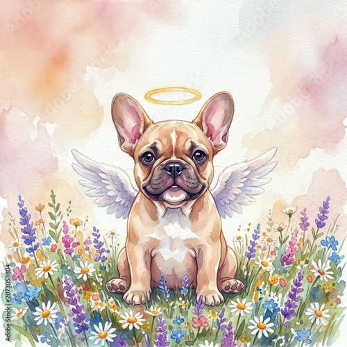 Cute French bulldog puppy with angel wings and a halo sitting in a colorful flower meadow.