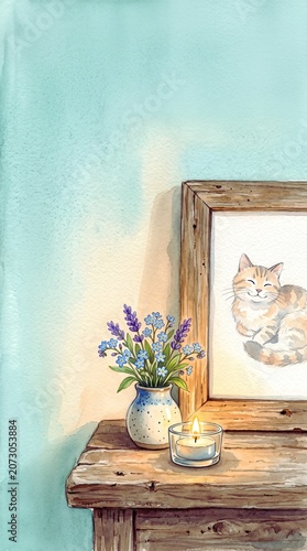 Pet memorial shrine with an orange cat portrait, blue flowers in a vase, and a lit candle.
