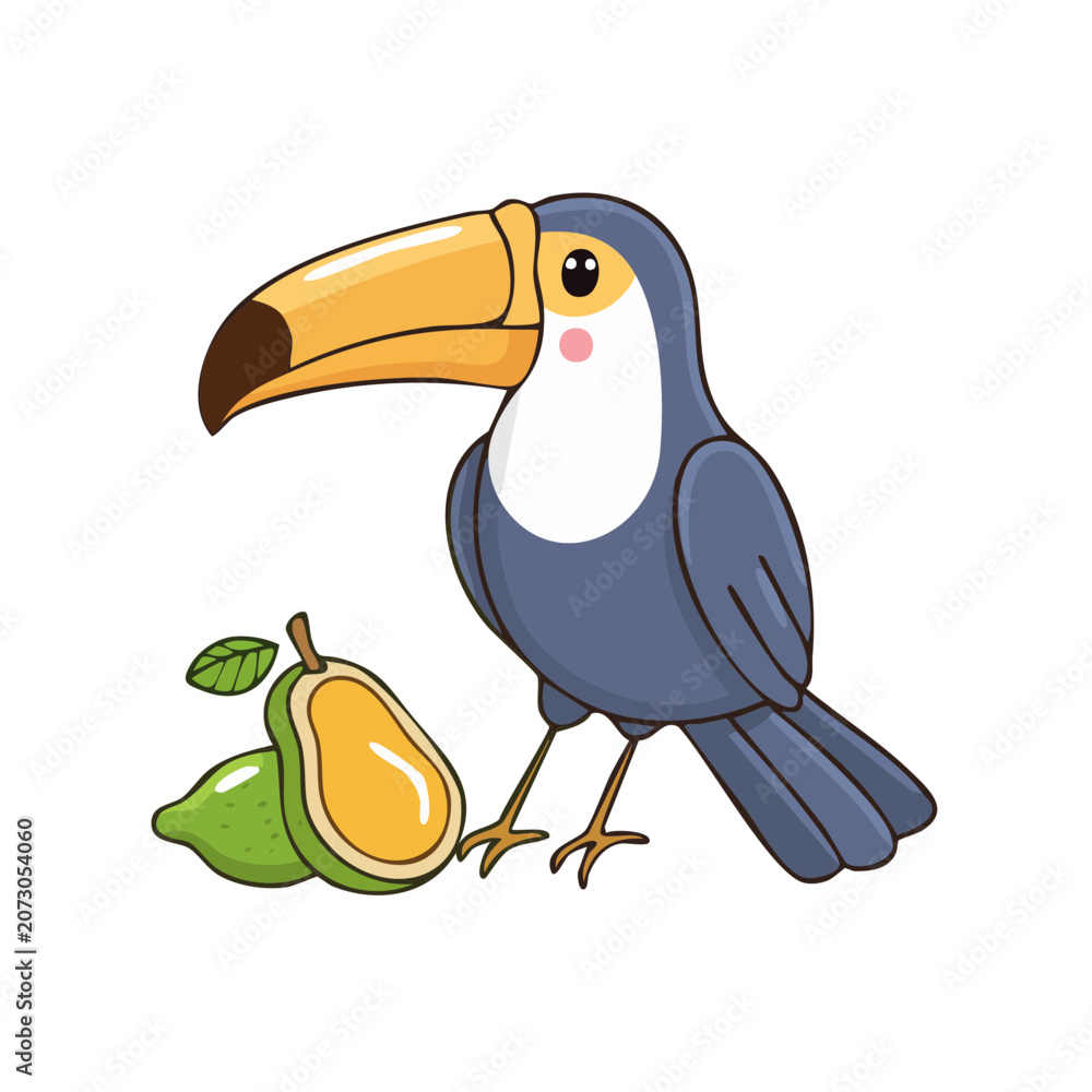 Fototapeta premium Adorable cartoon toucan bird with a vibrant beak stands beside fresh exotic fruits in a playful illustration.