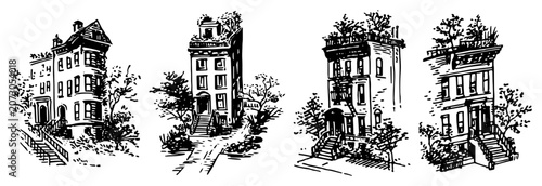 Foto Classic urban townhouses and brownstone residential houses in hand drawn sketch