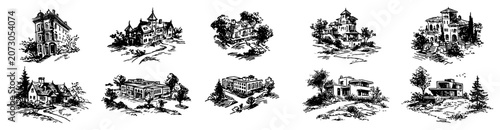 Foto European mansions and Victorian cottages set in countryside landscape vintage ha