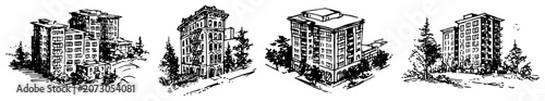 Fotografie Apartment buildings and multi story residential urban blocks vintage hand drawn