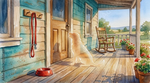 Watercolor glowing spirit dog waiting on a porch near a red leash and an empty food bowl.