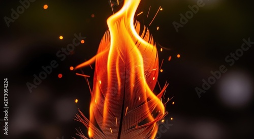 Bird feather burning with intense orange flames.