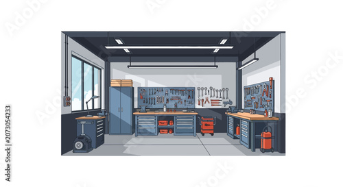 Фотография Organized home workshop with workbench and tools on wall