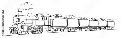 Fotografie Steam locomotive train pulling coal wagons in continuous line art style