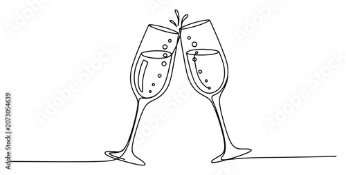 Foto Champagne glasses clinking for a toast in minimalist continuous line art style