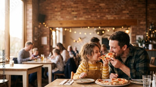 A father and daughter share a happy moment enjoying delicious pizza at a table in a cozy, dimly lit restaurant, with other diners in the background.