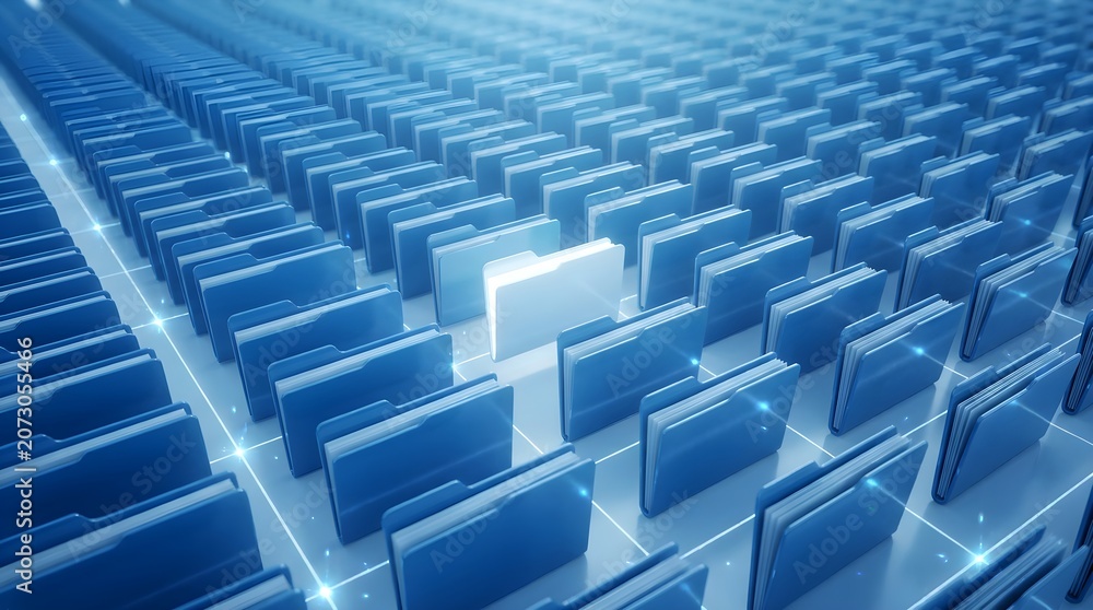 Obraz premium A single glowing white folder stands out among many identical blue folders arranged in a perfect grid pattern on surface