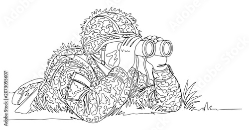 Foto Soldier in camouflage uniform observing through binoculars in minimalist line ar