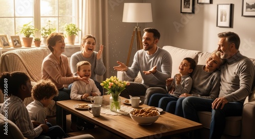 Multi-generational family sitting together in a cozy living room.