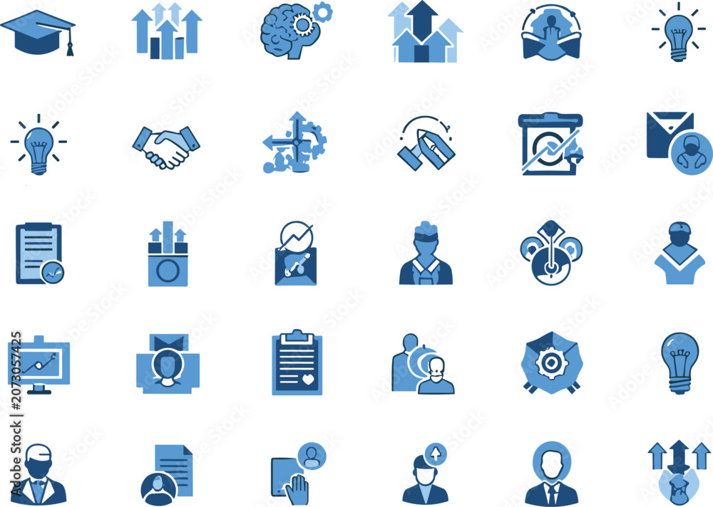 Fototapeta premium Business and education icon set with 25 blue symbols representing success, teamwork, innovation, and professional development