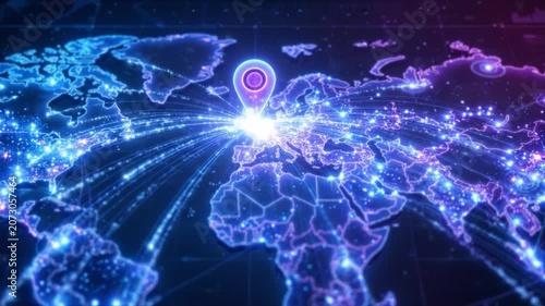 Global digital world map with glowing location pins and network connection showing data flow technology, vibrant communication lines, and illuminated global connectivity in neon blue and purple tones