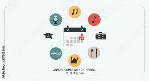 Community event flyer with calendar and icons