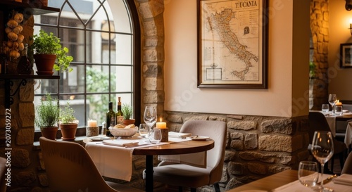Plakat Elegant Italian restaurant interior with set table and window.