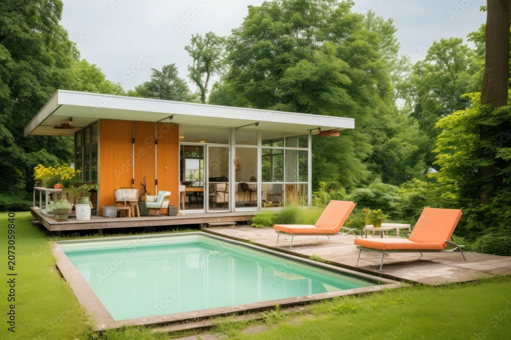 Fototapeta premium Mid century modern house architecture building backyard.
