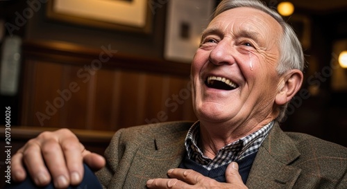 Elderly man laughing heartily in warm indoor setting.