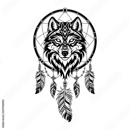 Black wolf head within dreamcatcher illustration on white.