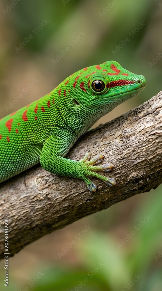Fototapeta premium Green gecko on branch in natural habitat close-up
