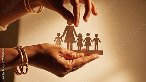 Two hands hold and protect small paper family silhouette with one hand cupping from below while other hovers above, creating gentle symbolic scene of care, safety, support, and togetherness