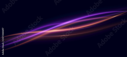 Abstract background featuring flowing neon light waves in vibrant purple and orange tones on a dark backdrop. Colorful smooth luminous curves or light trail. Vector illustration.