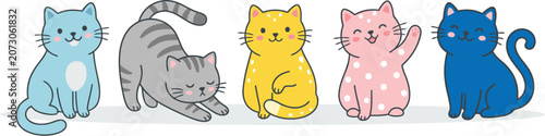 Five cute cartoon cats in different colors