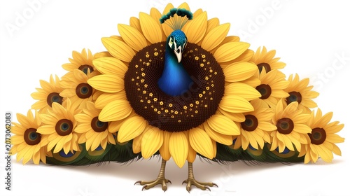 Whimsical cartoon peacock with full sunflower bloom tail feathers, clean white background soft botanical wildlife hybrid illustration for children book page