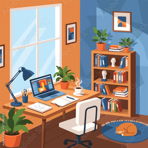 Cozy home office with laptop and cat