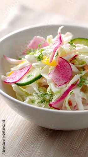 Fresh summer cabbage and cucumber slaw with radish herbs and citrus dressing for healthy salad bowl recipe card