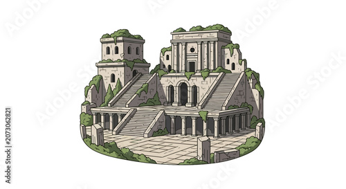 Photos Ancient stone ruins with grand staircases and green overgrowth
