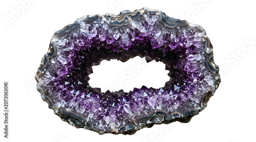 Amethyst geode crystal formation isolated on transparent background with purple quartz crystals