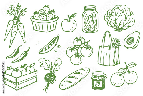 Obraz na płótnie Farmers Market Food Doodle Set Vector Illustration