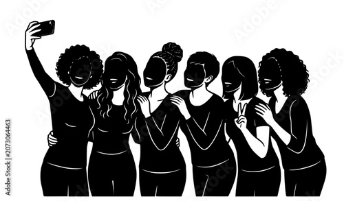 Foto Group of Women Taking Selfie Silhouette Vector Illustration with Smartphone