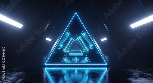 Blue futuristic neon triangle tunnel in dark space